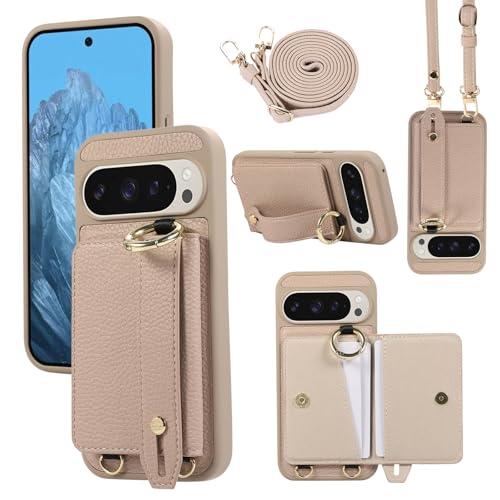 XMTON Case für Google Pixel 9 Pro XL Hülle Crossbody mit Brieftasche [Kartenfächern] [Ring Ständer] Handschlaufe Geldbörse Handyhülle Slim Dünn Leder Cover für Google Pixel 9 Pro XL, Khaki von XMTON