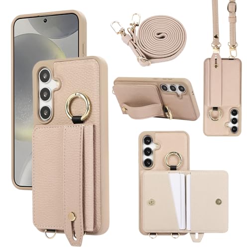 XMTON Case für Samsung Galaxy S25+ / S24+ Hülle Crossbody mit Brieftasche [Kartenfächern] [Ring Ständer] Handschlaufe Geldbörse Handyhülle Slim Dünn Leder Cover für Samsung S25+ / S24+, Khaki von XMTON
