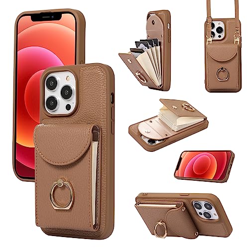 XMTON Crossbody Geldbörse Hülle für iPhone 12 / iPhone 12 Pro mit Kartenhalter, 360° Drehbarer Ring Kickstand, Leder Purse Case für iPhone 12 / iPhone 12 Pro, Braun von XMTON