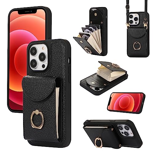 XMTON Crossbody Geldbörse Hülle für iPhone 12 / iPhone 12 Pro mit Kartenhalter, 360° Drehbarer Ring Kickstand, Leder Purse Case für iPhone 12 / iPhone 12 Pro, Schwarz von XMTON