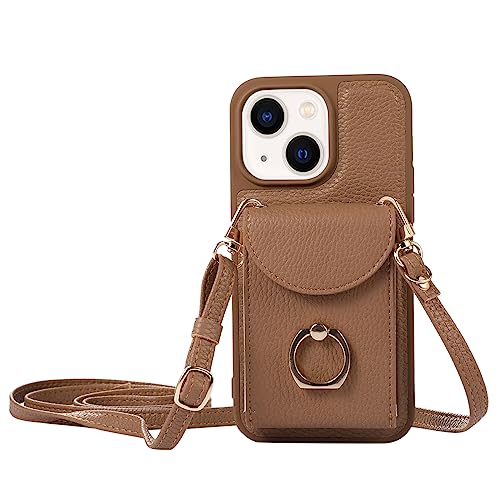 XMTON Crossbody Geldbörse Hülle für iPhone 13 / iPhone 14 mit Kartenhalter, 360° Drehbarer Ring Kickstand, Leder Purse Case für iPhone 13 / iPhone 14, Braun von XMTON