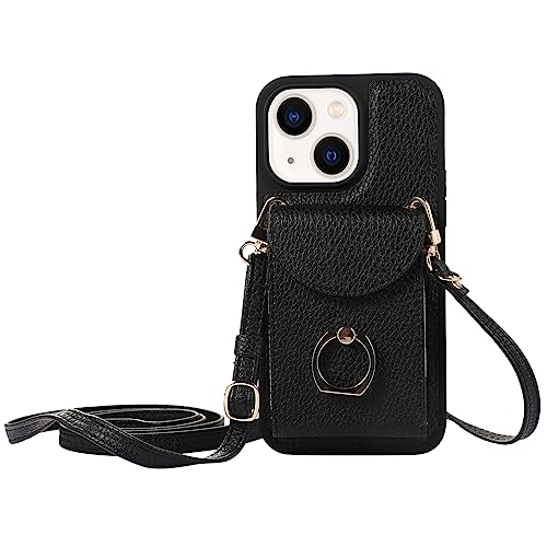 XMTON Crossbody Geldbörse Hülle für iPhone 13 / iPhone 14 mit Kartenhalter, 360° Drehbarer Ring Kickstand, Leder Purse Case für iPhone 13 / iPhone 14, Schwarz von XMTON