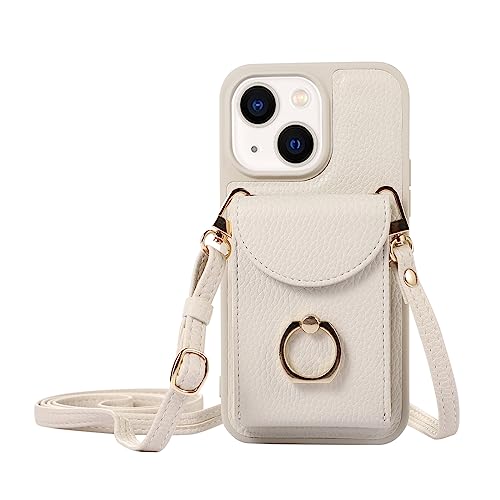 XMTON Crossbody Geldbörse Hülle für iPhone 13 / iPhone 14 mit Kartenhalter, 360° Drehbarer Ring Kickstand, Leder Purse Case für iPhone 13 / iPhone 14, Weiß von XMTON