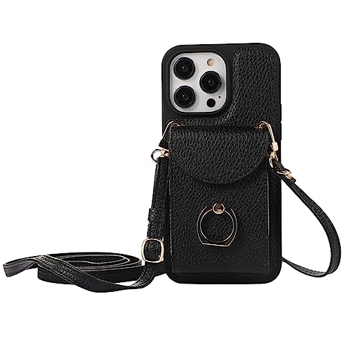 XMTON Crossbody Geldbörse Hülle für iPhone 13 Pro mit Kartenhalter, 360° Drehbarer Ring Kickstand, Leder Purse Case für iPhone 13 Pro, Schwarz von XMTON