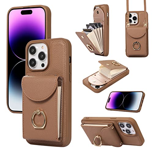 XMTON Crossbody Geldbörse Hülle für iPhone 14 Pro Max mit Kartenhalter, 360° Drehbarer Ring Kickstand, Leder Purse Case für iPhone 14 Pro Max, Braun von XMTON