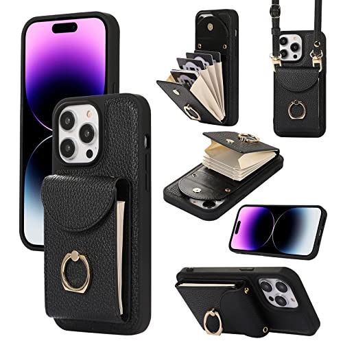 XMTON Crossbody Geldbörse Hülle für iPhone 14 Pro Max mit Kartenhalter, 360° Drehbarer Ring Kickstand, Leder Purse Case für iPhone 14 Pro Max, schwarz von XMTON