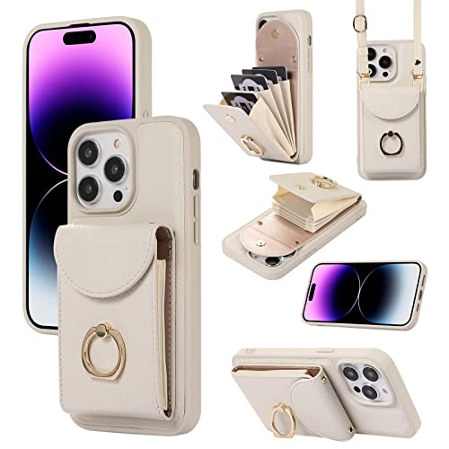 XMTON Crossbody Geldbörse Hülle für iPhone 14 Pro Max mit Kartenhalter, 360° Drehbarer Ring Kickstand, Leder Purse Case für iPhone 14 Pro Max, weiß von XMTON