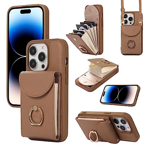 XMTON Crossbody Geldbörse Hülle für iPhone 14 Pro mit Kartenhalter, 360° Drehbarer Ring Kickstand, Leder Purse Case für iPhone 14 Pro, Braun von XMTON