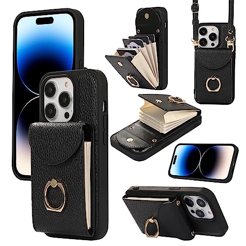 XMTON Crossbody Geldbörse Hülle für iPhone 14 Pro mit Kartenhalter, 360° Drehbarer Ring Kickstand, Leder Purse Case für iPhone 14 Pro, schwarz von XMTON