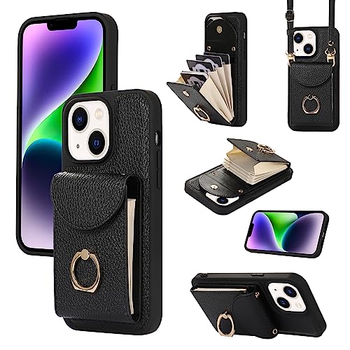 XMTON Crossbody Wallet Case für iPhone 14 / iPhone 13 mit Kartenhalter, 360° drehbarer Ring Kickstand, Leder Purse Cover für iPhone 14 / iPhone 13, Schwarz von XMTON