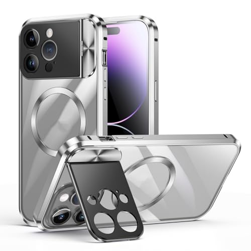 XMTON Magnetische für iPhone 13 Pro Max Hülle für Magsafe & Ständer [Voller Kameraschutz] [Metallstoßstange] [Mil-Grad-Schutz] Frosted PC Stoßfeste Case für iPhone 13 Pro Max, Silber von XMTON