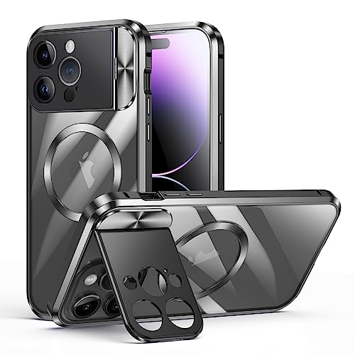 XMTON Magnetische iPhone 14 Pro Hülle für Magsafe & Ständer [Voller Kameraschutz] [Metallstoßstange] [Mil-Grad-Schutz] Frosted PC Stoßfeste Case für iPhone 14 Pro, Schwarz von XMTON