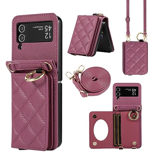 XMTON Samsung Galaxy Z Flip 3 hülle mit Kartenfächern und Ringständer, [Brieftasche Handyhülle] [Leder Crossbody-Abdeckung für Frauen] dünn Leder Schutzhülle für Samsung Galaxy Z Flip 3, Burgundy von XMTON