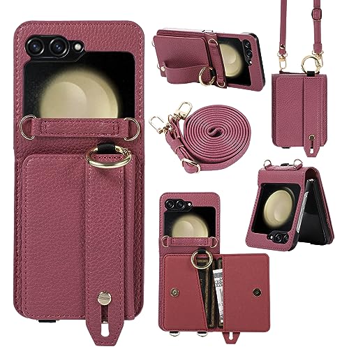 XMTON Samsung Galaxy Z Flip 5 Hülle Crossbody mit Brieftasche [Kartenfächern] [Ring Ständer] Handschlaufe Geldbörse Handyhülle Slim Dünn Leder Cover für Samsung Galaxy Z Flip 5, Burgundy von XMTON