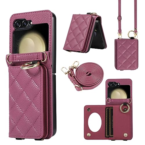 XMTON Samsung Galaxy Z Flip 5 hülle mit Kartenfächern und Ringständer, [Brieftasche Handyhülle] [Leder Crossbody-Abdeckung für Frauen] dünn Leder Schutzhülle für Samsung Galaxy Z Flip 5, Burgundy von XMTON