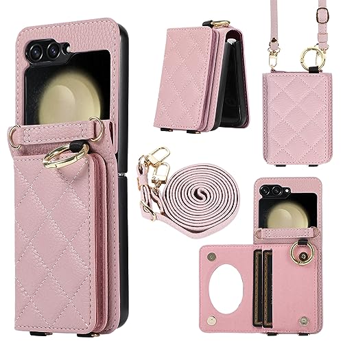 XMTON Samsung Galaxy Z Flip 5 hülle mit Kartenfächern und Ringständer, [Brieftasche Handyhülle] [Leder Crossbody-Abdeckung für Frauen] dünn Leder Schutzhülle für Samsung Galaxy Z Flip 5, Purple von XMTON