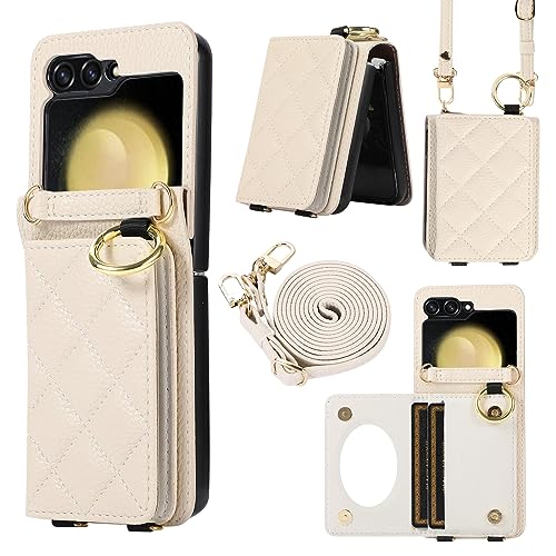 XMTON Samsung Galaxy Z Flip 5 hülle mit Kartenfächern und Ringständer, [Brieftasche Handyhülle] [Leder Crossbody-Abdeckung für Frauen] dünn Leder Schutzhülle für Samsung Galaxy Z Flip 5, White von XMTON