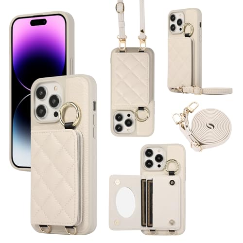 XMTON iPhone 15 Pro Max hülle mit Kartenfächern und Ringständer, [Brieftasche Handyhülle] [Leder Crossbody-Abdeckung für Frauen] dünn Leder Schutzhülle für iPhone 15 Pro Max, White von XMTON