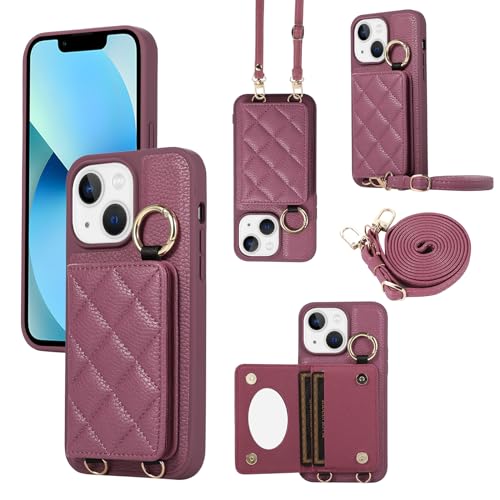 XMTON iPhone 15 hülle mit Kartenfächern und Ringständer, [Brieftasche Handyhülle] [Leder Crossbody-Abdeckung für Frauen] dünn Leder Schutzhülle für iPhone 15, Burgundy von XMTON