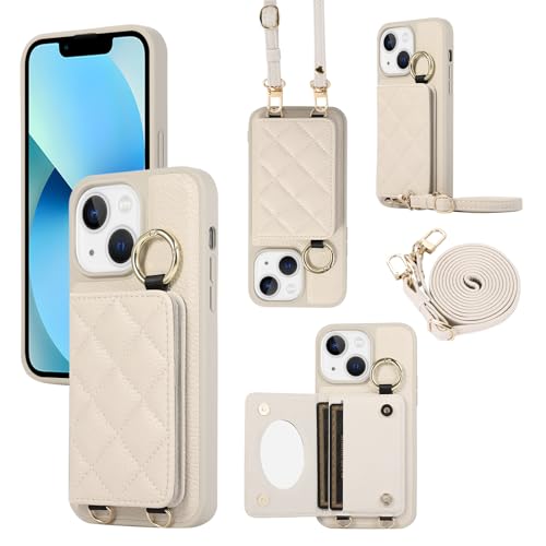 XMTON iPhone 15 hülle mit Kartenfächern und Ringständer, [Brieftasche Handyhülle] [Leder Crossbody-Abdeckung für Frauen] dünn Leder Schutzhülle für iPhone 15, White von XMTON