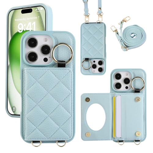 XMTON iPhone 16 Pro hülle mit Kartenfächern und Ringständer, [Brieftasche Handyhülle] [Leder Crossbody-Abdeckung für Frauen] dünn Leder Schutzhülle für iPhone 16 Pro, Blue von XMTON