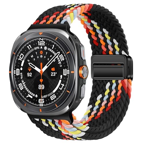 XMUXI Nylon Band Kompatibel mit Samsung watch Ultra Armband 47mm Geflochtenes Galaxy Watch Ultra Armband mit Magnetverschluss für Galaxy Watch 7 Ultra Sport Ersatzarmband (Schwarzer Regenbogen) von XMUXI