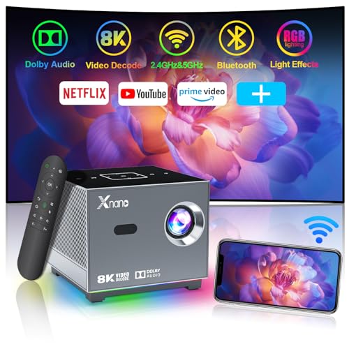 [4k Unterstützung & Elektrischer Fokus] XNANO Mini Projektor mit 5G WiFi und Bluetooth, Tragbarer Outdoor Smart-Filmprojektor für iOS/Android/TV Stick mit 5W Lautsprecher, LED Beleuchtungseffekt, von XNANO