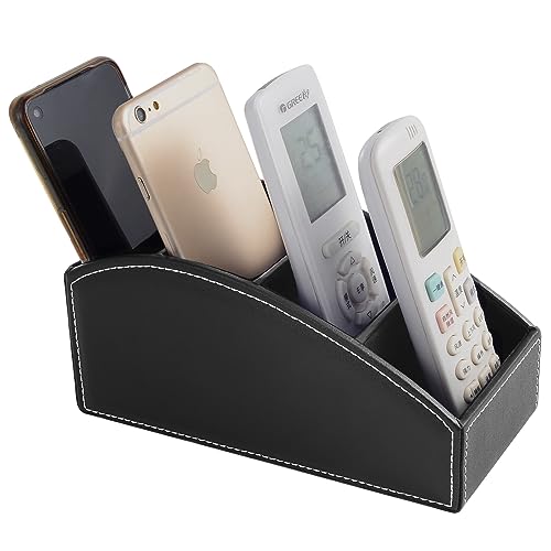 XNONE Fernbedienungshalter Leder Fernbedienung Organizer mit 4 Fächer,Multifunktion Nachttisch Schreibtisch Organizer,Schreibtisch-Organizer Stiftehalter für Stifte,Brille,Handys,Make-Up,Schwarz von XNONE