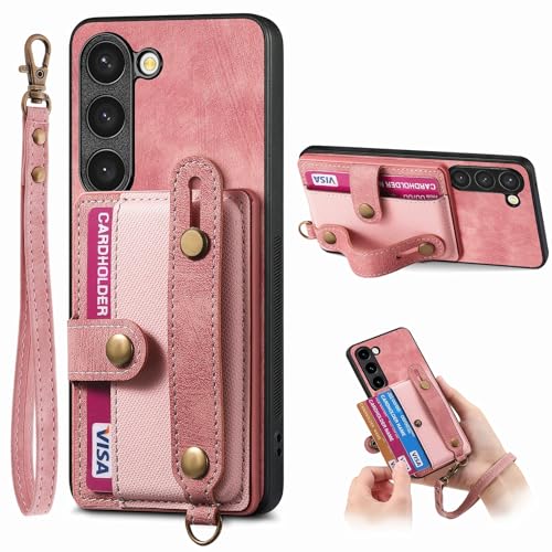Handy-Rückseitenschutz, kompatibel mit Samsung Galaxy S23, stoßfest, Klappdeckel, Schutzhülle mit Kartenhalter, Handtaschen-Klappabdeckung, Handschlaufe, ZY (Rosa) von XNYTYKDT