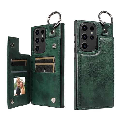 Handy-Schutzhülle Kompatibel mit Samsung Galaxy S23 Ultra Wallet Case mit PU Leder Kartenfächer Rückseite Cover mit Ring, doppeltem Magnetverschluss und stoßfester Abdeckung ZY (Grün) von XNYTYKDT