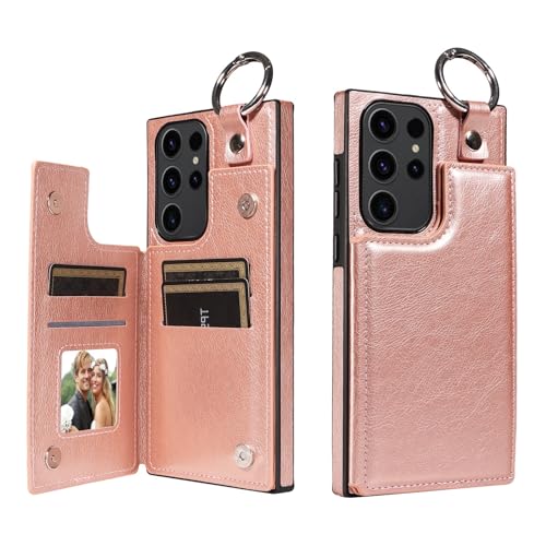 Handy-Schutzhülle Kompatibel mit Samsung Galaxy S23 Ultra Wallet Case mit PU Leder Kartenfächer Rückseite Cover mit Ring, doppeltem Magnetverschluss und stoßfester Abdeckung ZY (Roségold) von XNYTYKDT