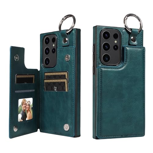 Handy-Schutzhülle kompatibel mit Samsung Galaxy S23 Ultra Wallet Case mit PU-Leder Kartenfächern Rückseite mit Ring, doppeltem Magnetverschluss und stoßfester Abdeckung, ZY (Blaugrün) von XNYTYKDT