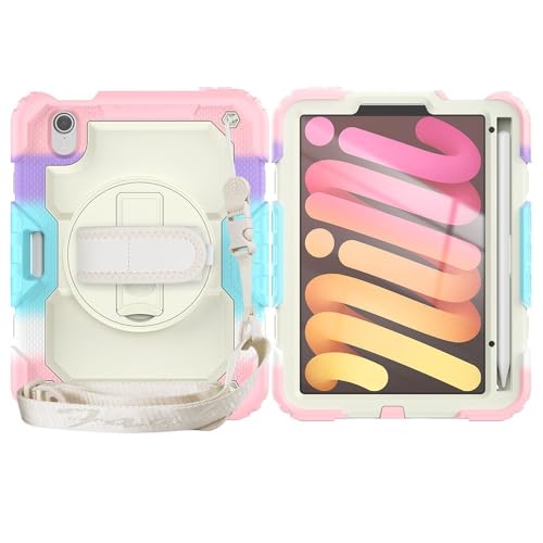 Kompatibel mit iPad Mini 7 Hülle (A17 Pro) 2024/Mini 6 8,3 Zoll (21,6 cm), robuste, stoßfeste TPU-Hülle, Schutzhülle, mit Displayschutzfolie, 380° drehbarem Ständer, Handschlaufe und Schultergurt von XNYTYKDT
