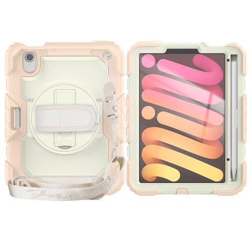 Kompatibel mit iPad Mini 7 Hülle (A17 Pro) 2024/Mini 6 8,3 Zoll (21,6 cm), robuste, stoßfeste TPU-Hülle, Schutzhülle mit Displayschutzfolie, 380° drehbarem Ständer, Handschlaufe und Schultergurt, ZY von XNYTYKDT
