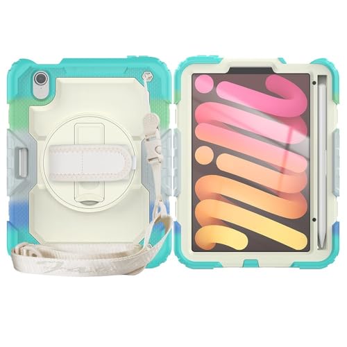 Kompatibel mit iPad Mini 7 Hülle (A17 Pro) 2024/Mini 6 8,3 Zoll (21,6 cm), robuste, stoßfeste TPU-Hülle, Schutzhülle mit Displayschutzfolie, 380° drehbarem Ständer, Handschlaufe und Schultergurt von XNYTYKDT