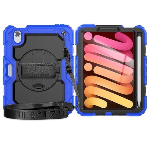 Kompatibel mit iPad Mini 7 Hülle (A17 Pro) 2024 / Mini 6 8,3 Zoll (21,6 cm), robuste, stoßfeste TPU-Hülle, Schutzhülle, mit Displayschutzfolie, 380° drehbarem Ständer, Handschlaufe und Schultergurt von XNYTYKDT
