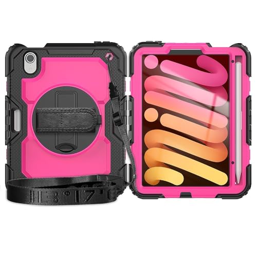 Kompatibel mit iPad Mini 7 Hülle (A17 Pro) 2024 / Mini 6 8,3 Zoll (21,6 cm), robuste, stoßfeste TPU-Hülle, Schutzhülle mit Displayschutzfolie, 380° drehbarem Ständer, Handschlaufe und Schultergurt, ZY von XNYTYKDT