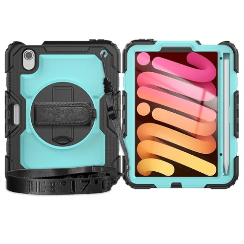 Kompatibel mit iPad Mini 7 Hülle (A17 Pro) 2024 / Mini 6 8,3 Zoll (21,6 cm), robuste, stoßfeste TPU-Hülle, Schutzhülle mit Displayschutzfolie, 380° drehbarem Ständer, Handschlaufe und Schultergurt, ZY von XNYTYKDT