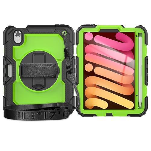Kompatibel mit iPad Mini 7 Hülle (A17 Pro) 2024 / Mini 6 8,3 Zoll (21,6 cm), robuste, stoßfeste TPU-Hülle, Schutzhülle mit Displayschutzfolie, 380° drehbarem Ständer, Handschlaufe und Schultergurt, ZY von XNYTYKDT