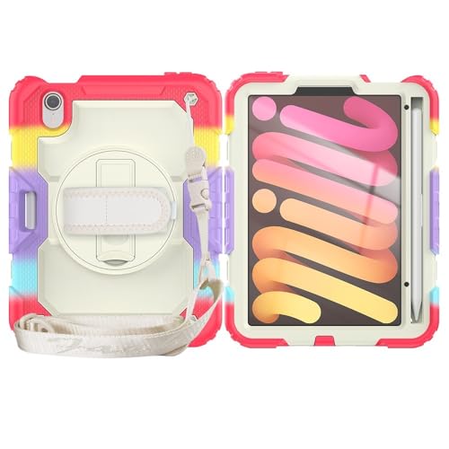 Kompatibel mit iPad Mini 7 Hülle (A17 Pro) 2024 / Mini 6 8,3 Zoll (21,6 cm), robuste, stoßfeste TPU-Hülle, Schutzhülle mit Displayschutzfolie, 380° drehbarem Ständer, Handschlaufe und Schultergurt von XNYTYKDT