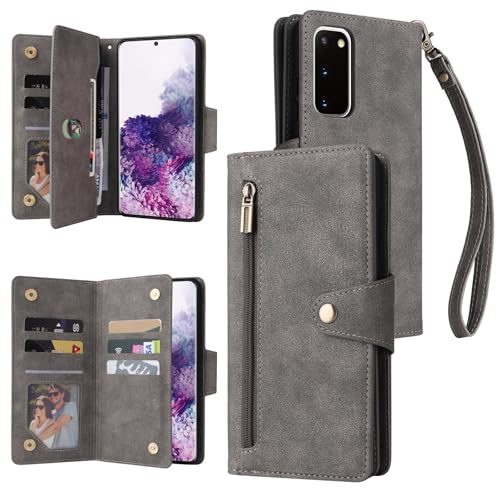 Schutzhülle für Samsung Galaxy S20, mehrere Karten, Reißverschluss, Brieftasche, Leder, Folio-Klapphülle, magnetische Brieftasche, Handyhülle, kompatibel mit Samsung Galaxy S20 ZY (Grau) von XNYTYKDT