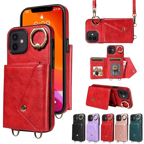 XNYTYKDT Brieftaschen-Schutzhülle kompatibel mit iPhone 12/12Pro (6,1 Zoll), Crossbody-Brieftaschen-Schutzhülle kompatibel mit Frauen mit Kartenhalter, Premium-Leder-Schutzhülle, ZY (rot) von XNYTYKDT