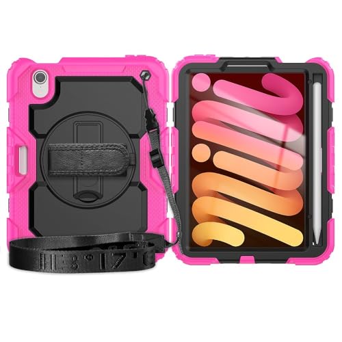 ZY Schutzhülle für iPad Mini 7 (A17 Pro) 2024 / Mini 6, 21,6 cm (8,3 Zoll), robust, stoßfest, TPU, mit Displayschutzfolie, 380° drehbarem Ständer, Handschlaufe und Schultergurt, Rosarot von XNYTYKDT