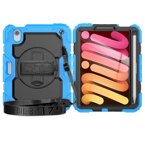 ZY Schutzhülle für iPad Mini 7 (A17 Pro) 2024 / Mini 6, 21,6 cm (8,3 Zoll), strapazierfähig, stoßfest, TPU, mit Displayschutzfolie, 380° drehbarem Ständer, Handschlaufe und Schultergurt, Hellblau von XNYTYKDT
