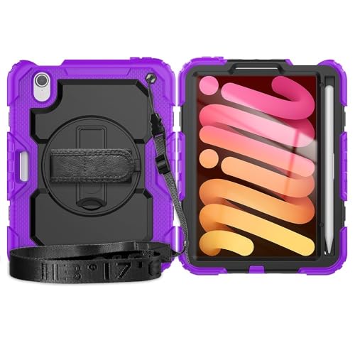 ZY Schutzhülle für iPad Mini 7 (A17 Pro) 2024 / Mini 6, 21,6 cm (8,3 Zoll), strapazierfähig, stoßfest, TPU, mit Displayschutzfolie, 380° drehbarem Ständer, Handschlaufe und Schultergurt, Violett von XNYTYKDT