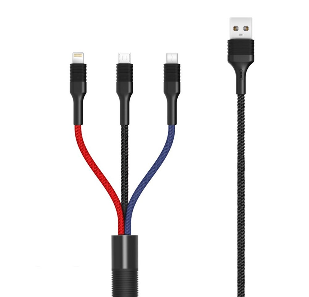 XO 3in1 Nylon Ladegerät Kabel 3A 1.2m Micro USB TYP-C iOS Smartphone-Kabel, (120 cm) von XO