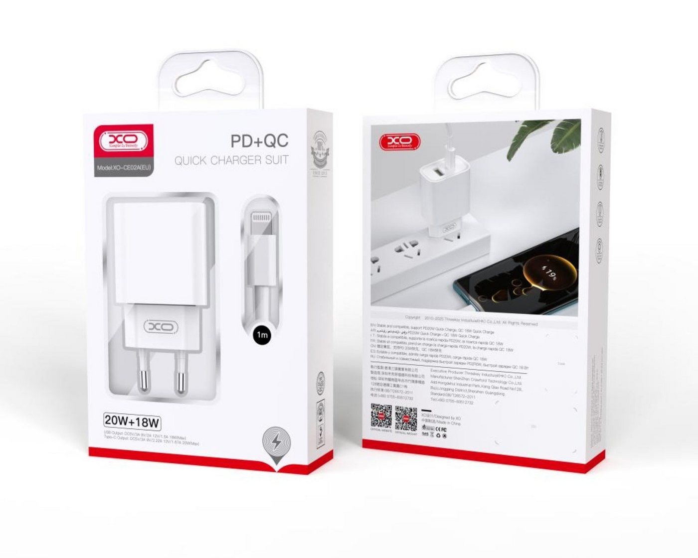 XO PD 20W QC 3.0 18W 1x USB 1x USB-C weiß + USB-C - iPhone Kabel Smartphone-Ladegerät von XO