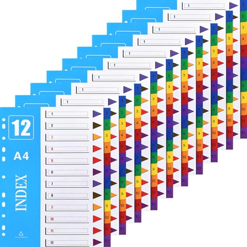 Trennblätter für Ordner A4 12-teilig, (10er-Packung) Akten-Trennblätter, poröse Mehrzweck-Indexteiler für Schule, Zuhause, Arbeit, Büro, Organisation (gemischte Farben, A4) von XOTOZO