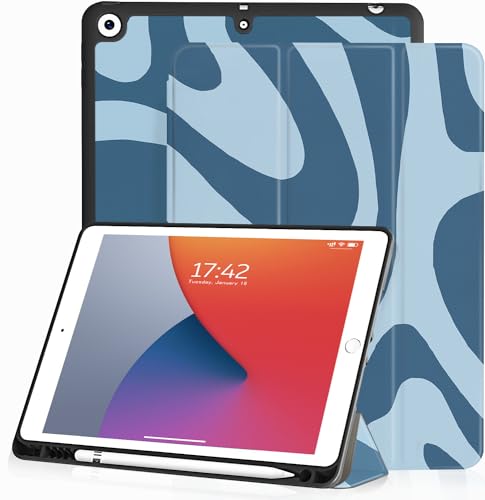 XPHZZL Hülle für iPad 9/8/7(2021/2020/2019 Model,9th/8th/7th Generation),Cute Art Wavy Pattern Design with Pencil Holder-Trifold Case Auto Schlafen Wachen Kompatibel mit iPad 10.2(Blau) von XPHZZL