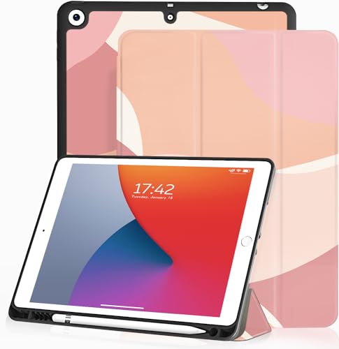 XPHZZL Hülle für iPad 9/8/7(2021/2020/2019 Model,9th/8th/7th Generation),Cute Art Wavy Pattern Design with Pencil Holder-Trifold Case Auto Schlafen Wachen Kompatibel mit iPad 10.2(Rosa) von XPHZZL